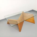 Vintage rectangular coffee table in solid elm and glass from the 80s
