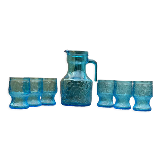 Vintage lemonade service blue pitcher glass and 6 glasses