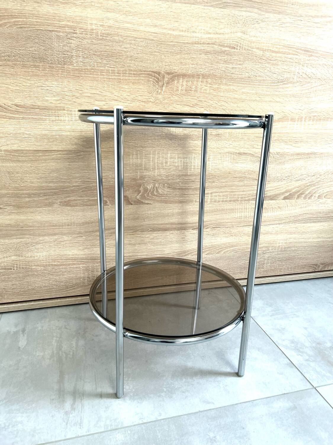 Round console 1970 chrome tube and smoked glass perfect condition