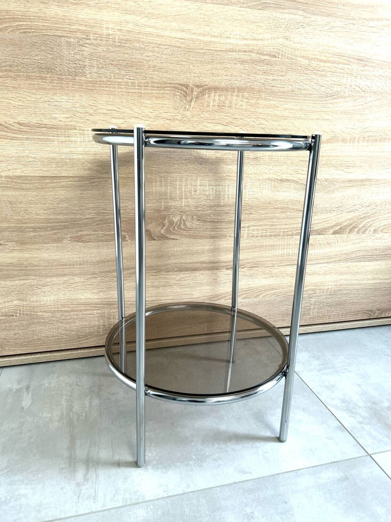 Round console 1970 chrome tube and smoked glass perfect condition