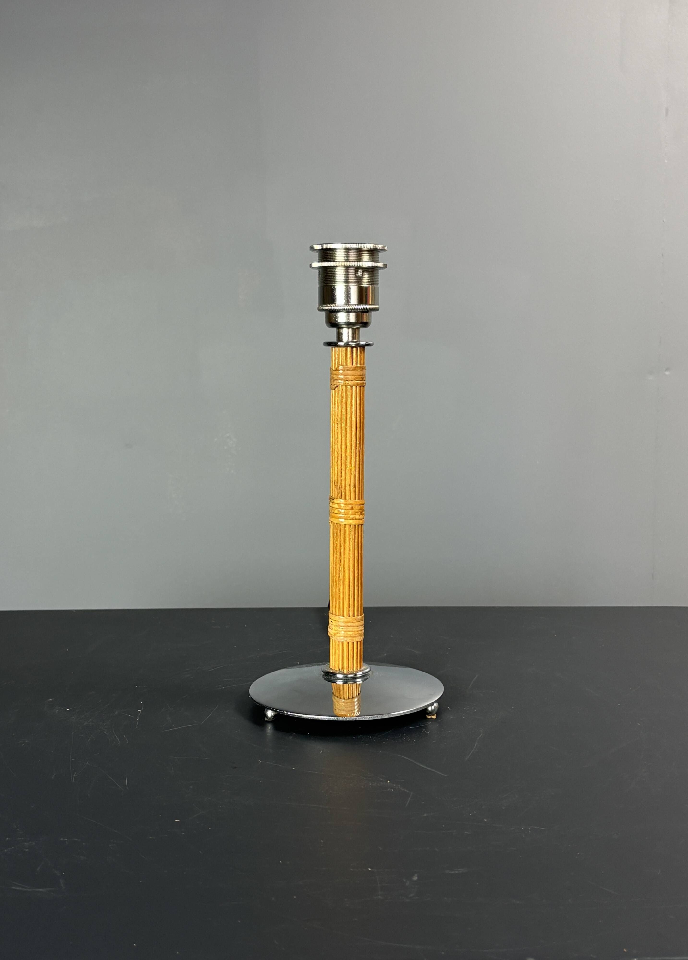 Set of 2 pencil reed rattan bamboo and chrome table lamps, 1980s