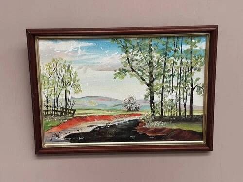 Mid-Century Oil on Panel “Water Canal” by He 84, Signed & Framed 33x23 cm