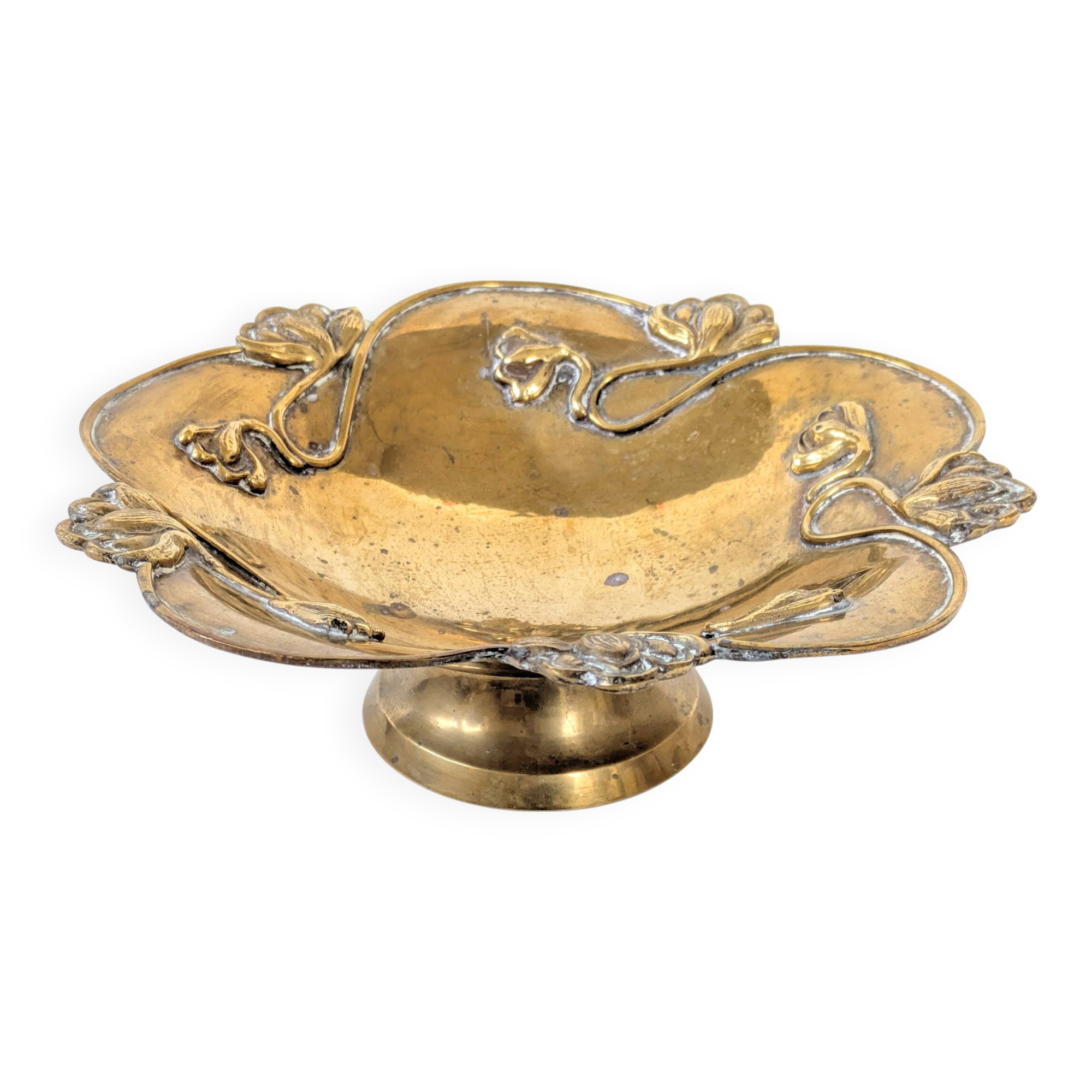 Brass Footed Bowl | Antique Art Nouveau Floral Motif