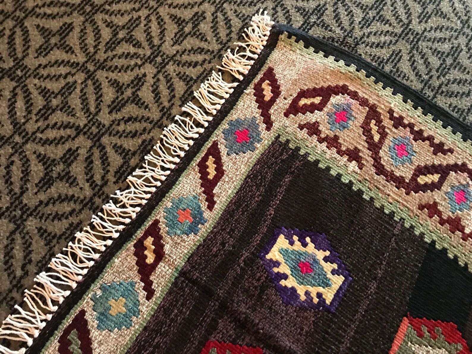 Old black anatolian oushak kilim rug with colorful patterns 305 X 173 cm