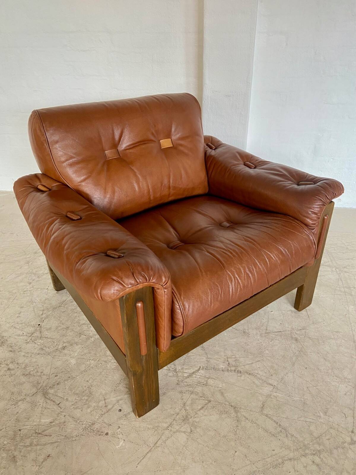 Mid-century vintage Scandinavian leather lounge chair in cognac brown leather