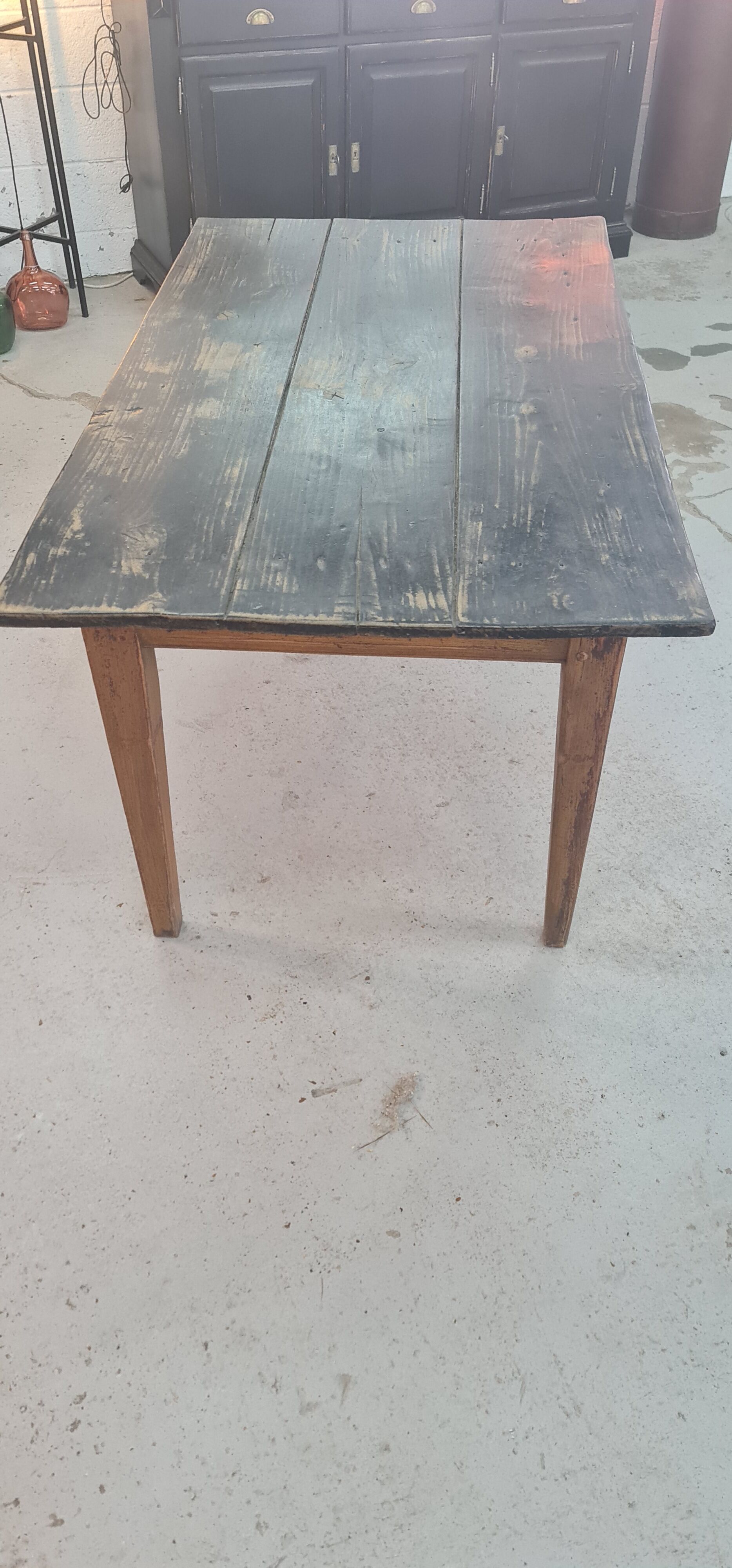 Old wooden table a drawer tray patina black waxed
