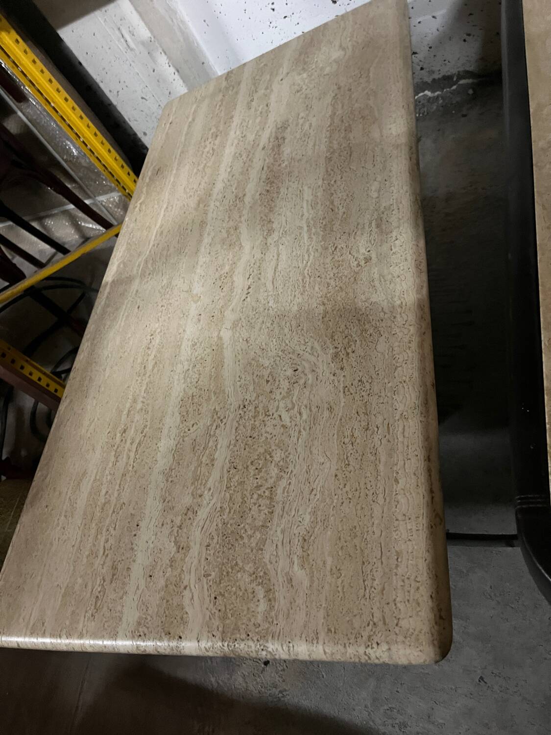 Light beige travertine Italian minimalist coffee table, solid natural stone 1980s