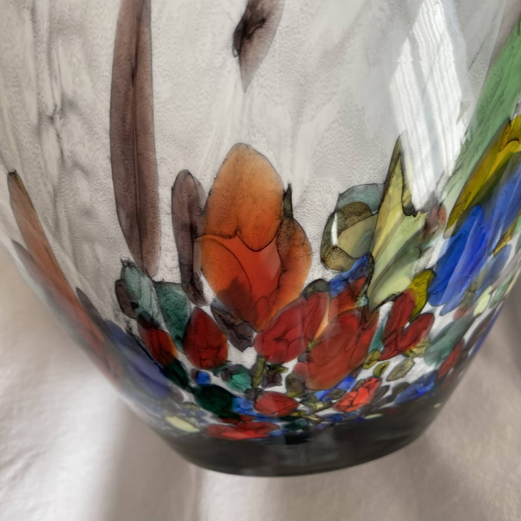 Large blown glass vase with polychrome inclusions in the Murano style.