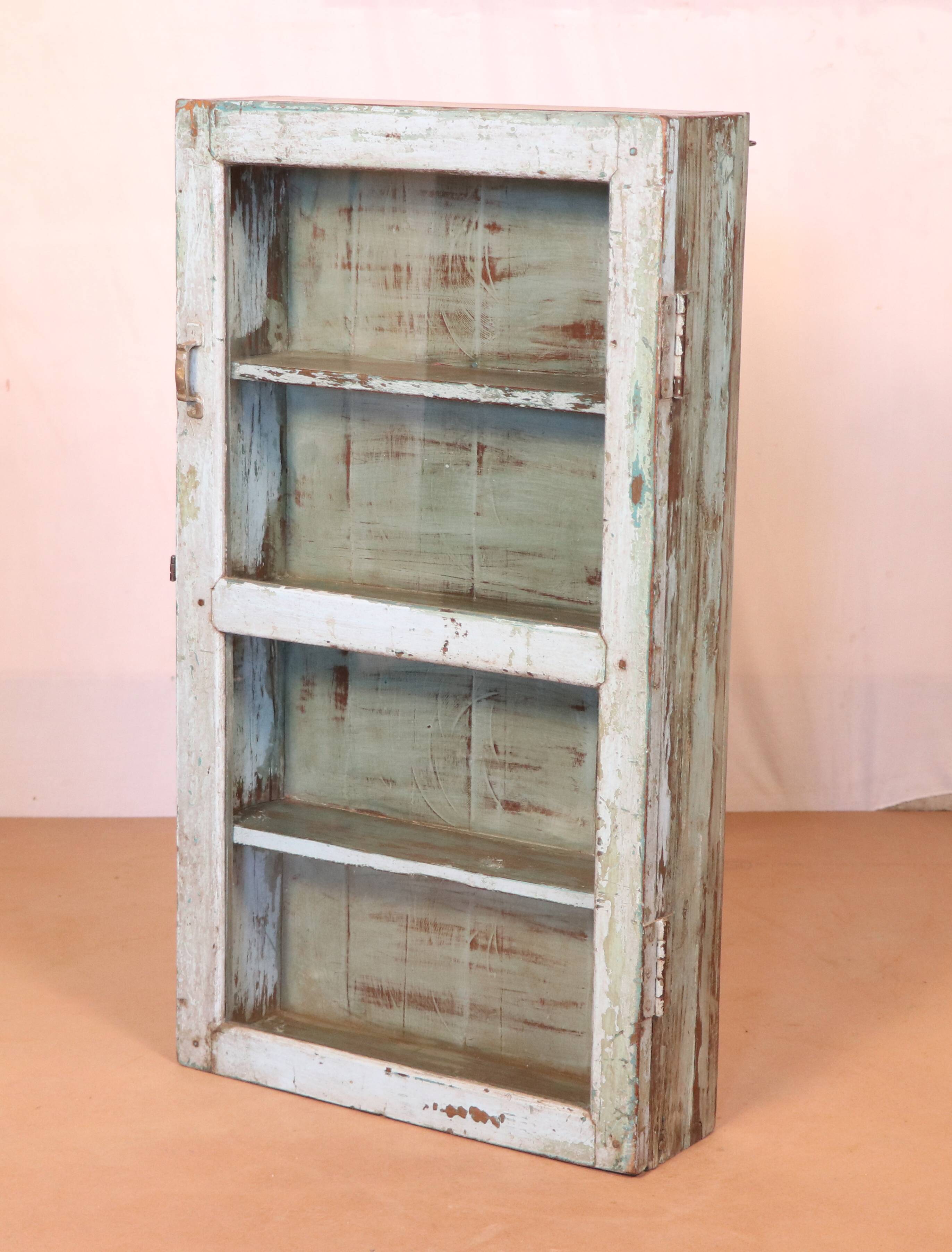 Old wall showcase in original white-blue patina Burmese teak
