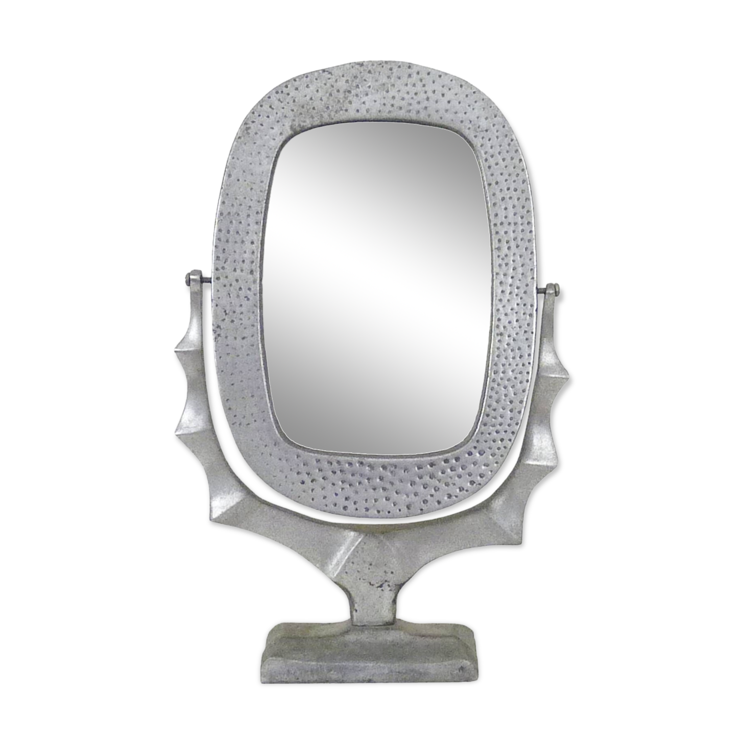 Old large Psyche Gothic table mirror in cast aluminum, Brutalist Mexican style. 70