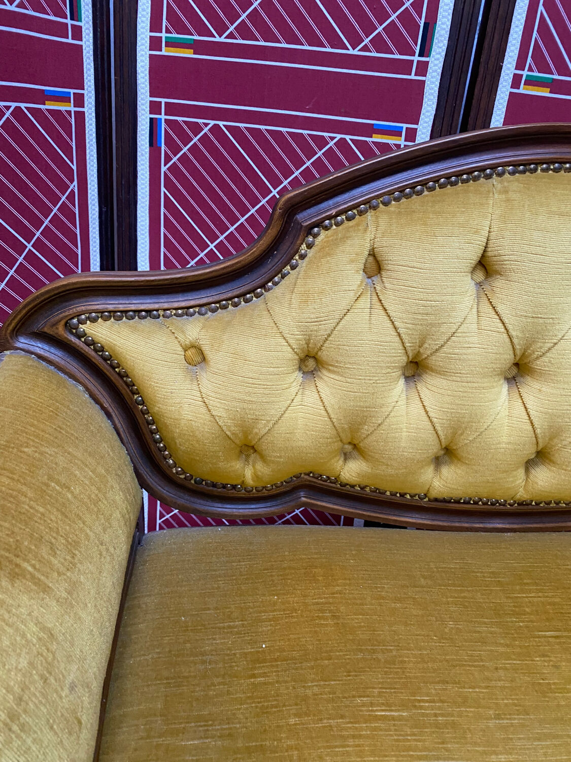 Louis XV style bench upholstered yellow velvet