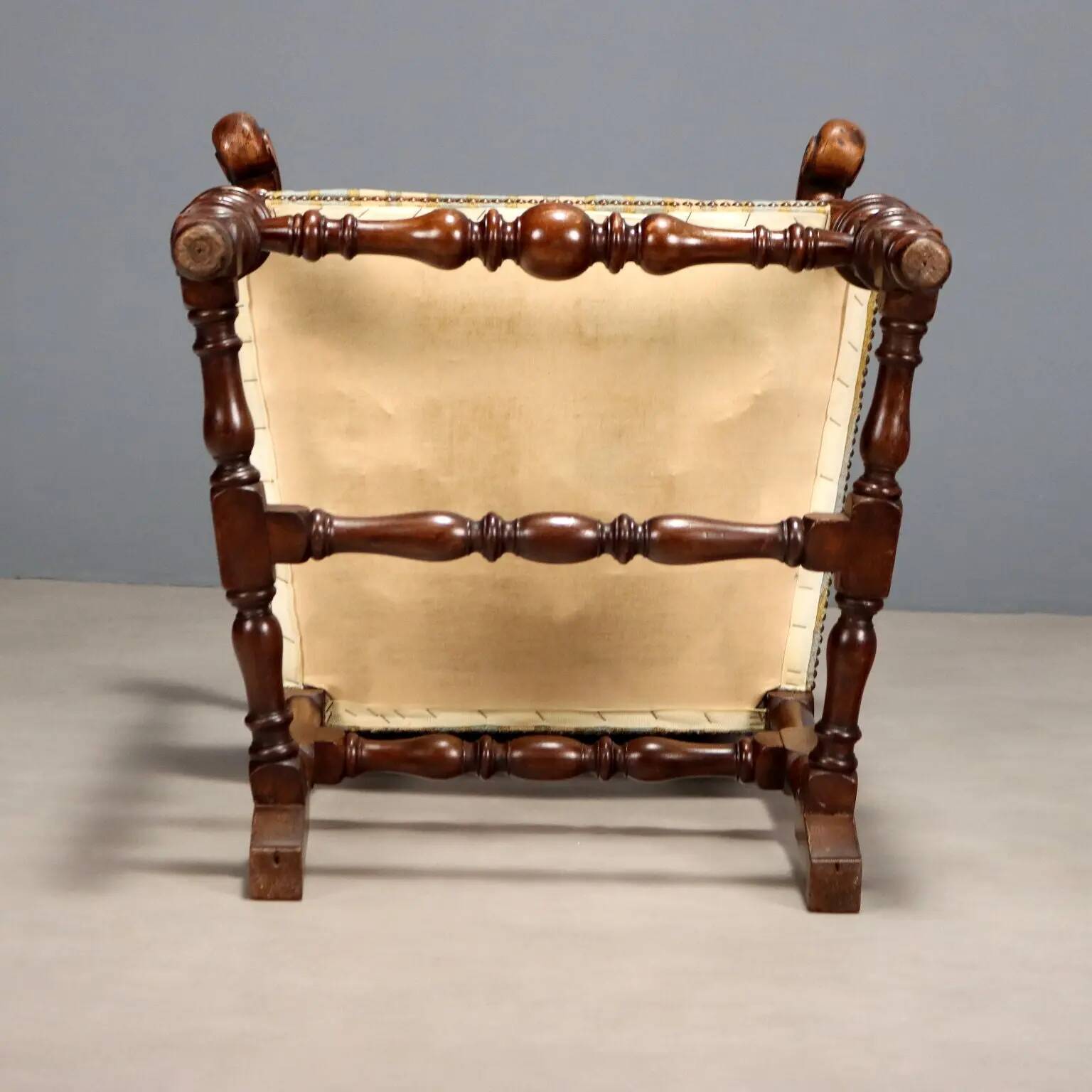 Antique Baroque-style walnut armchair, upholstered, 19th century.