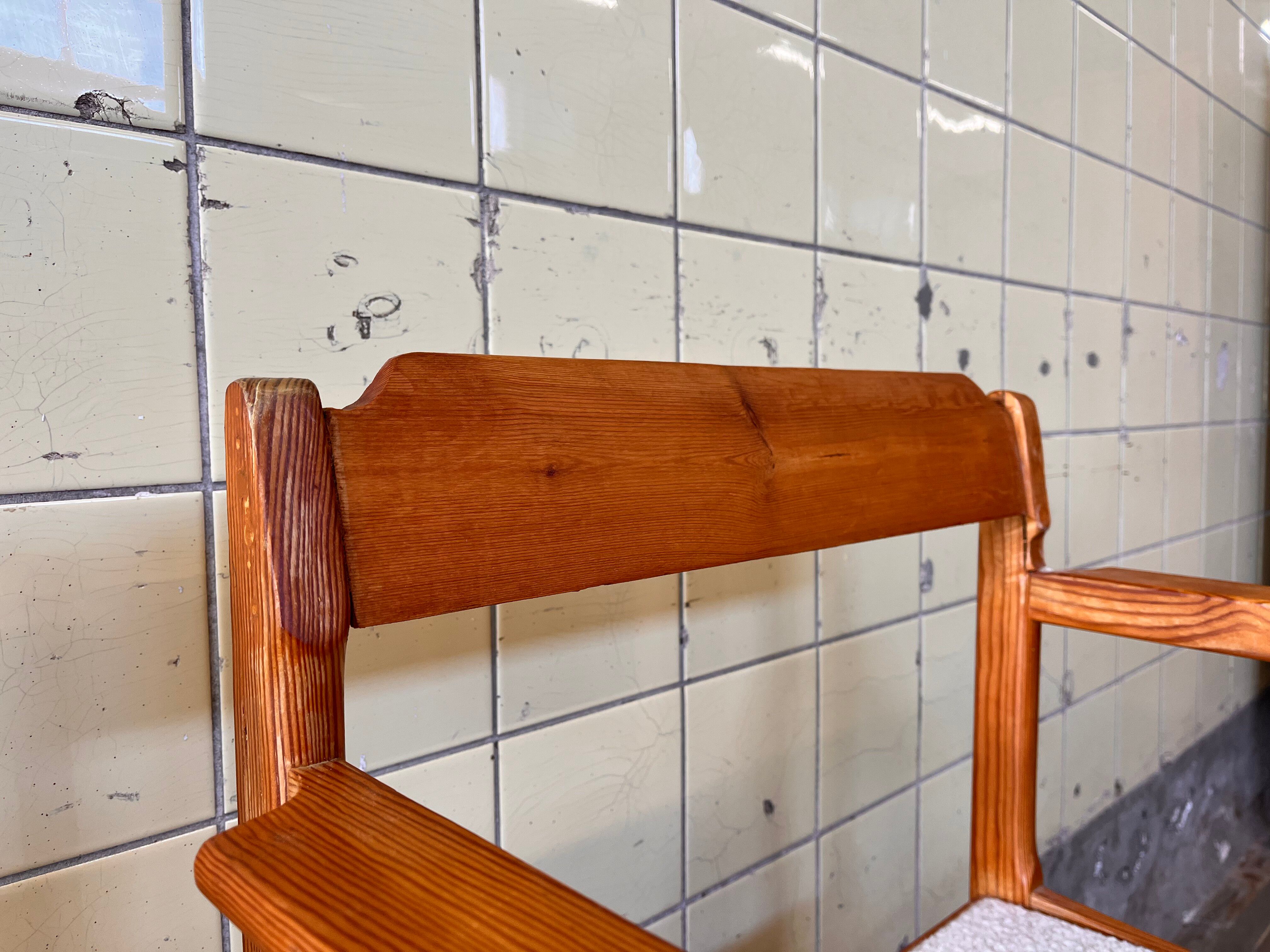 Set of six brutalist dining chairs in pine