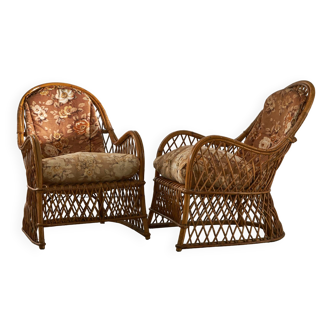 Italian Rattan Armchairs with Rounded Arms and Cushions, 1960s