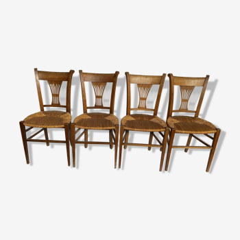 Lot de 4 chaises rustique en bois massif et assise paillée an 1900