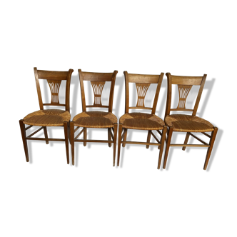 Lot de 4 chaises rustique en bois massif et assise paillée an 1900