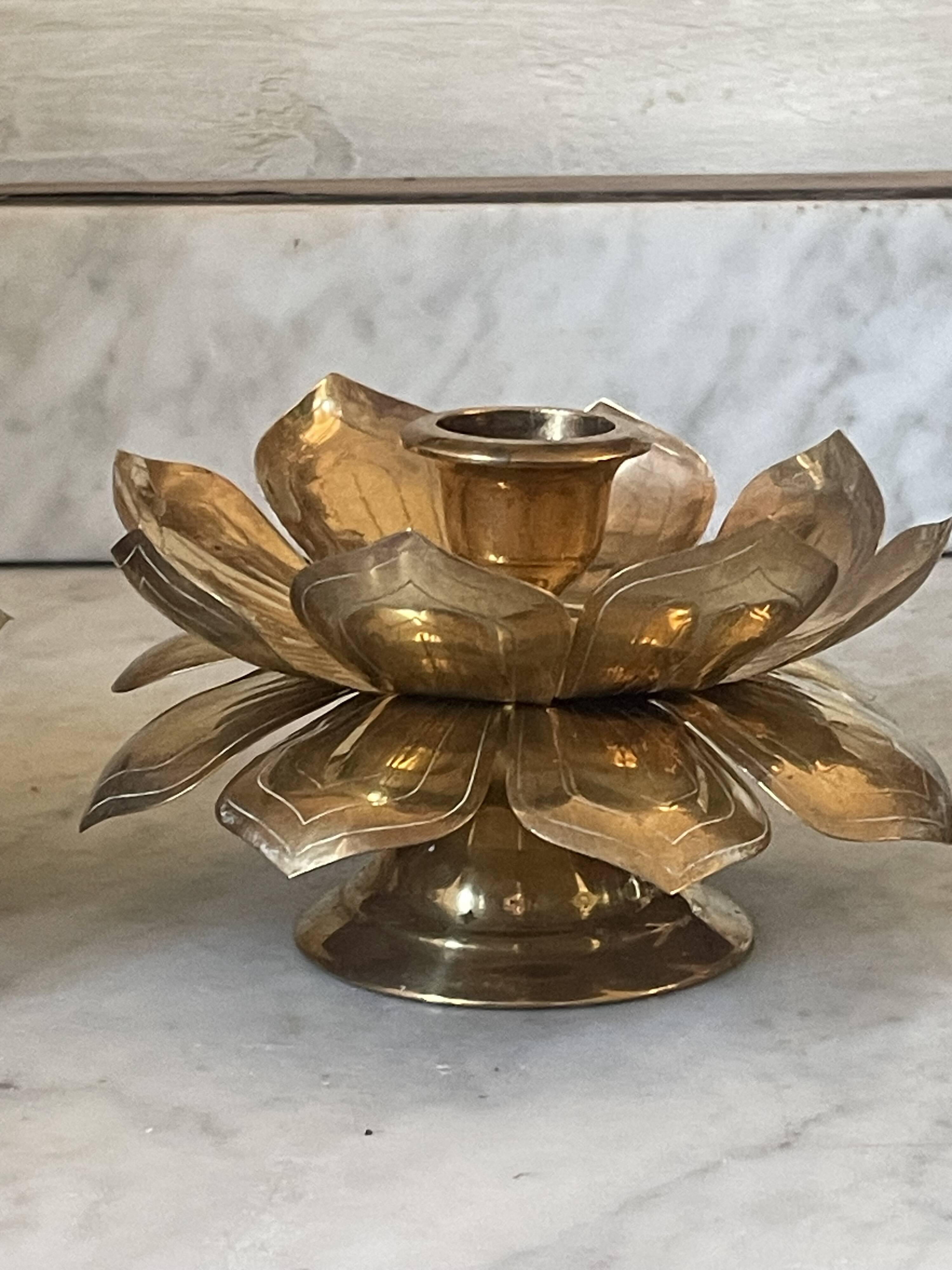 Lotus brass candlestick pair
