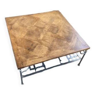 Coffee table in oak (Versailles panel) and wrought iron
