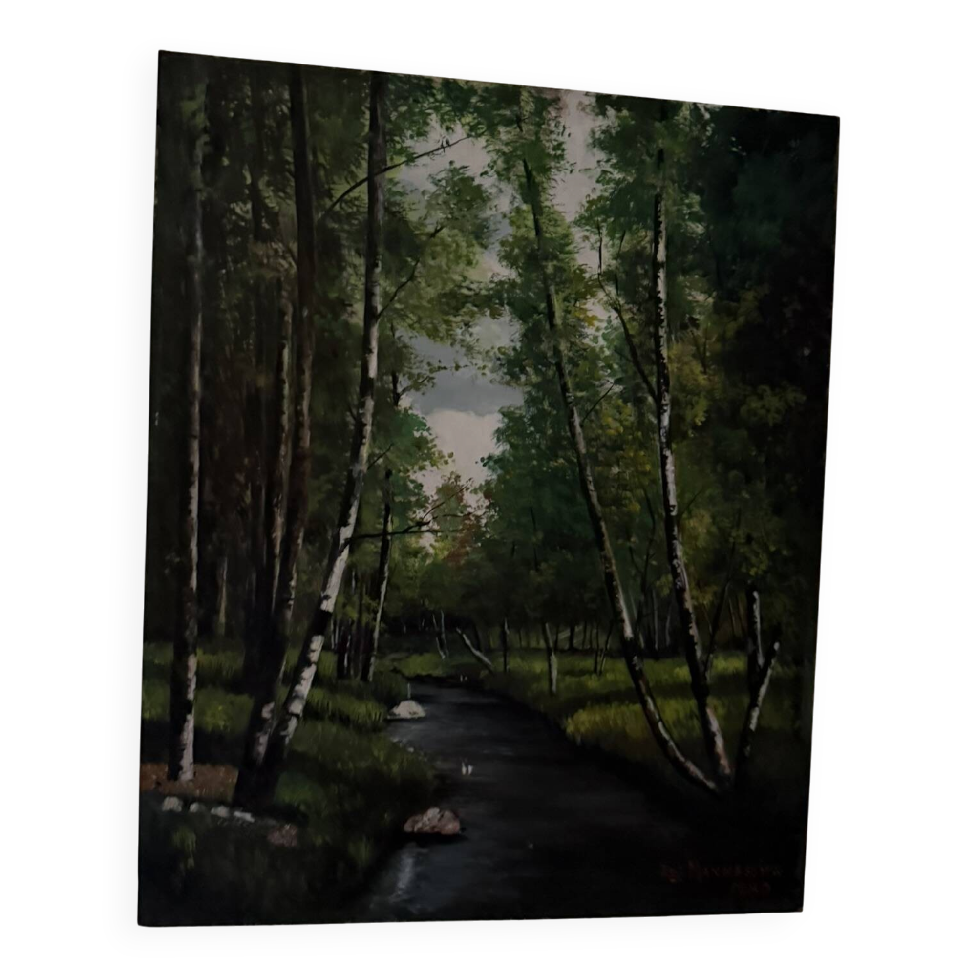 Oil on canvas woodland and stream - Realistic landscape