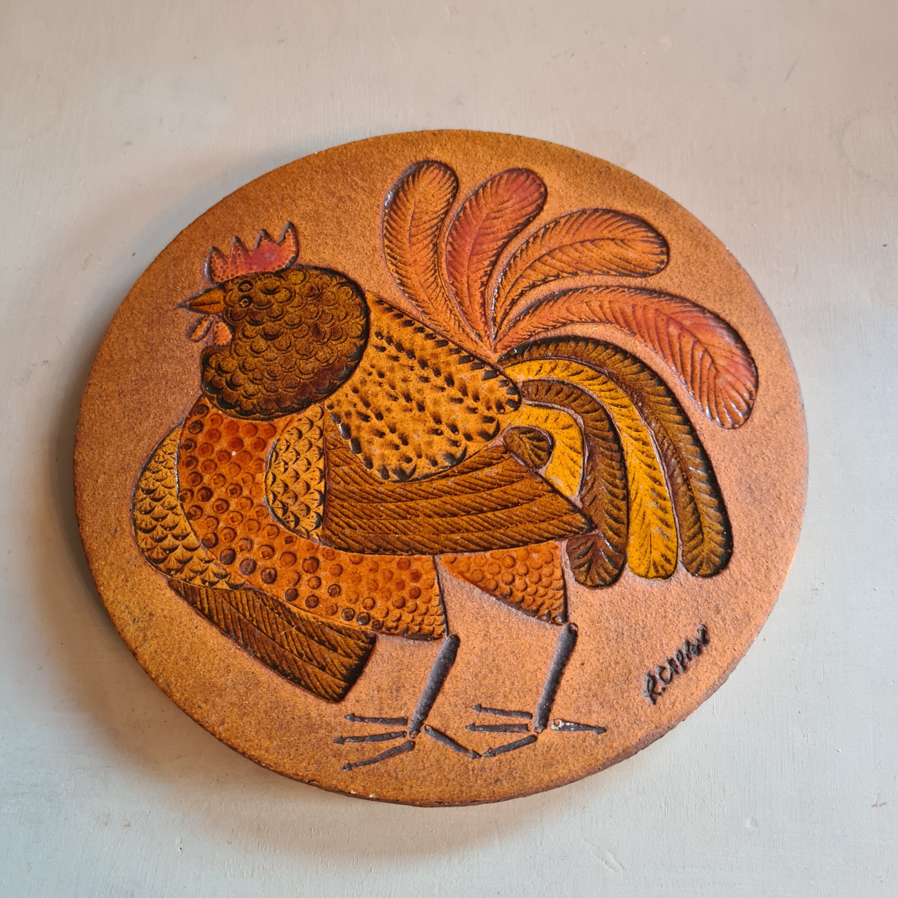 Vallauris ceramic trivia signed Roger Capron polychrome rooster pattern