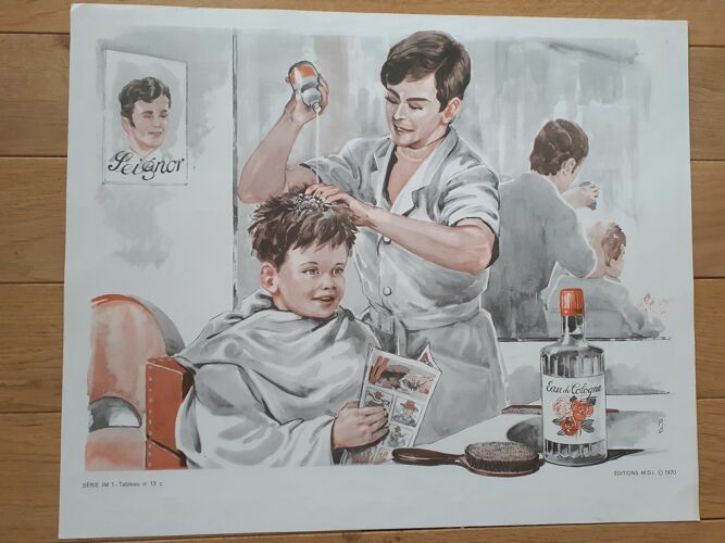 Affiche pédagogique boulangerie, coiffeur 1970