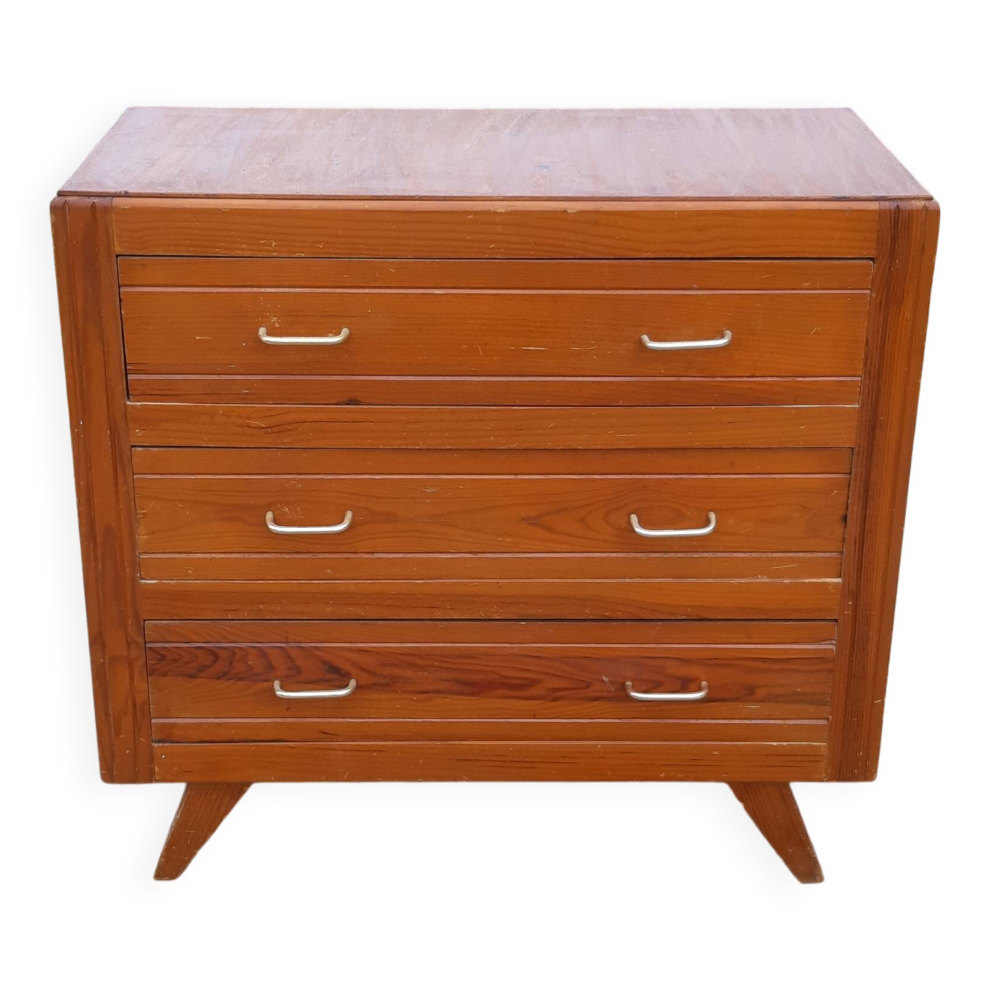 Commode vintage des années 50 en pin, pieds compas, 3 tiroirs