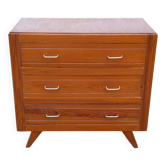 Commode vintage des années 50 en pin, pieds compas, 3 tiroirs