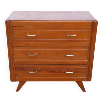 Commode vintage des années 50 en pin, pieds compas, 3 tiroirs