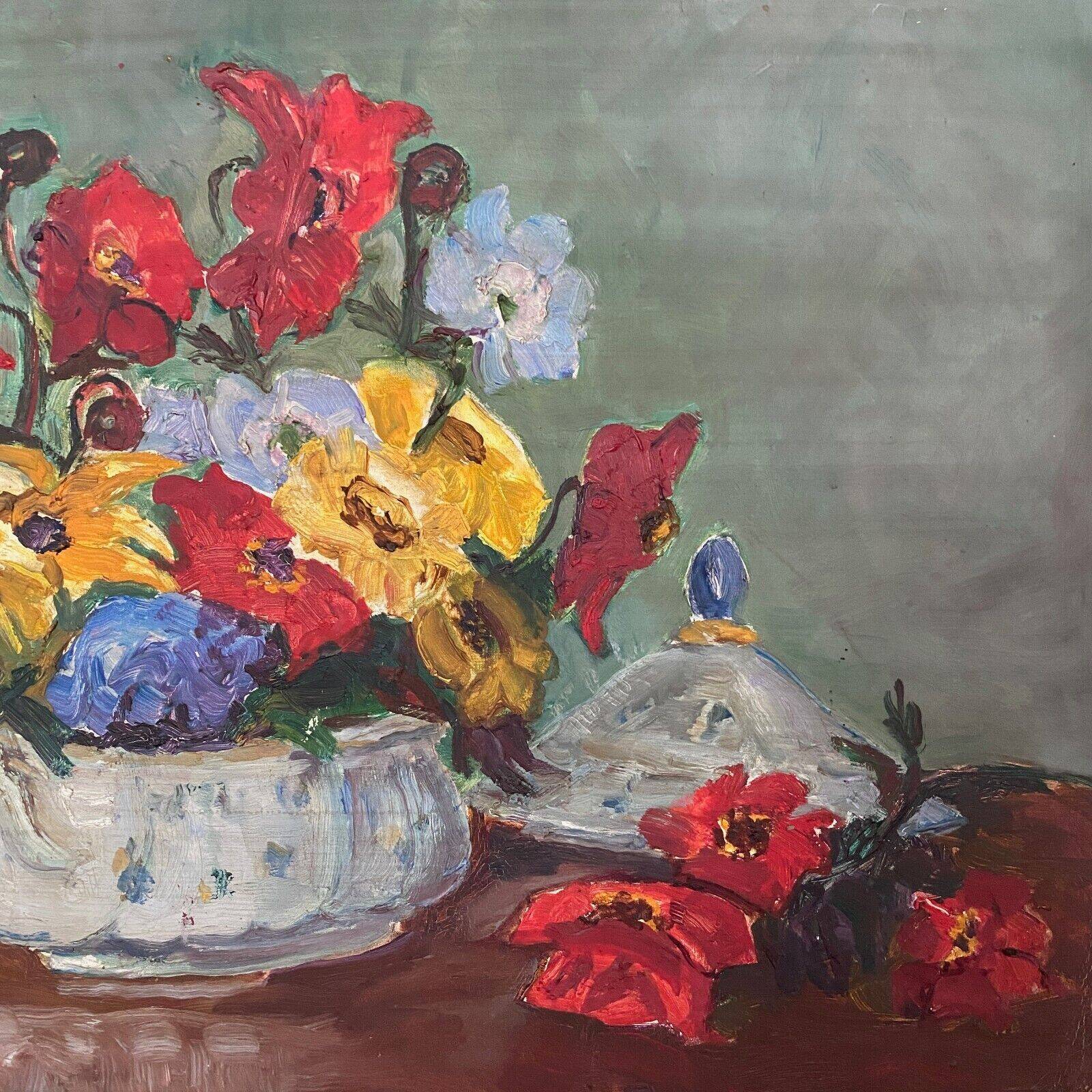 Oil on cardboard still life bouquet of flowers 20th century