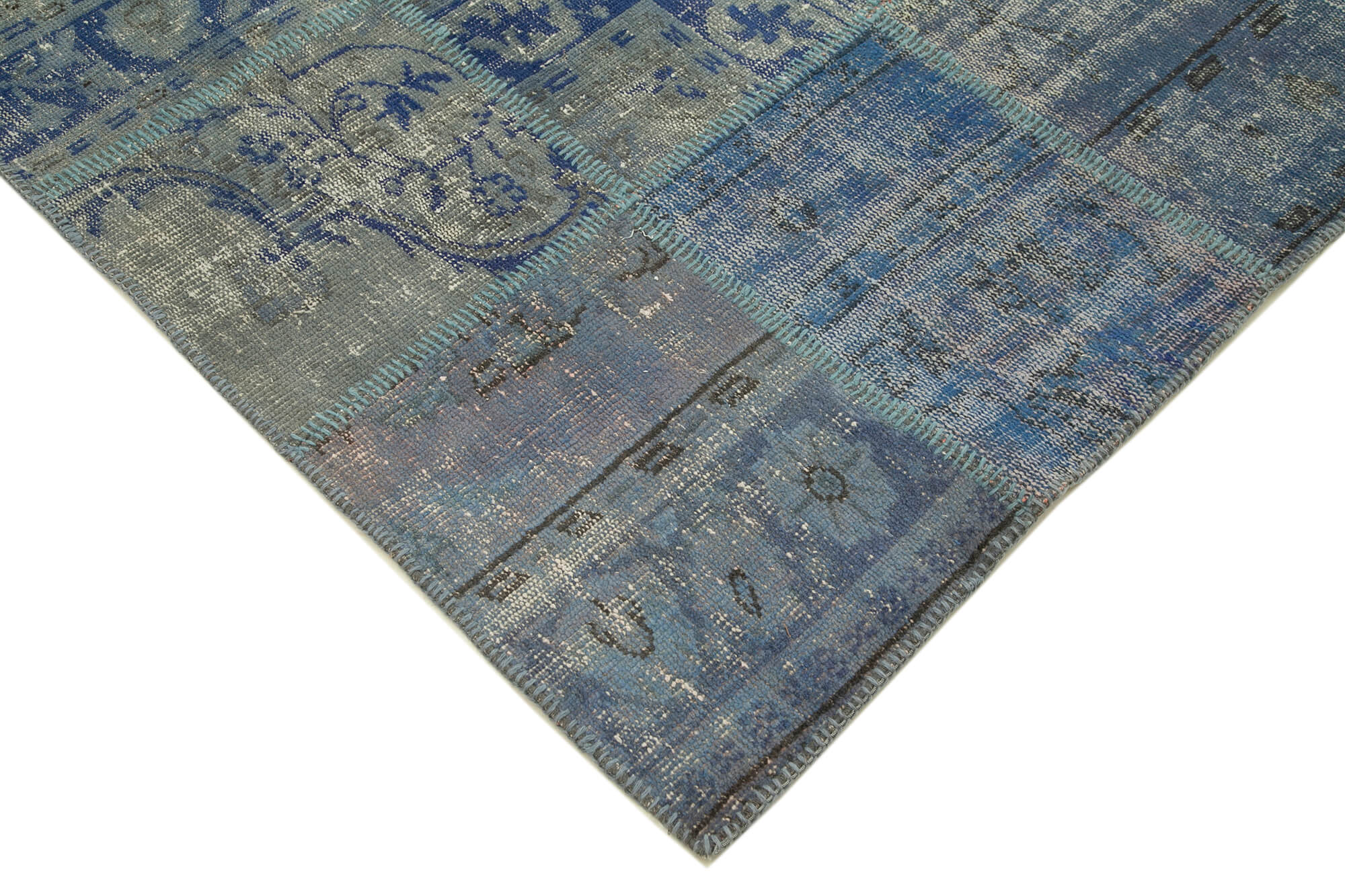 Handwoven oriental vintage 175 cm x 247 cm blue patchwork carpet