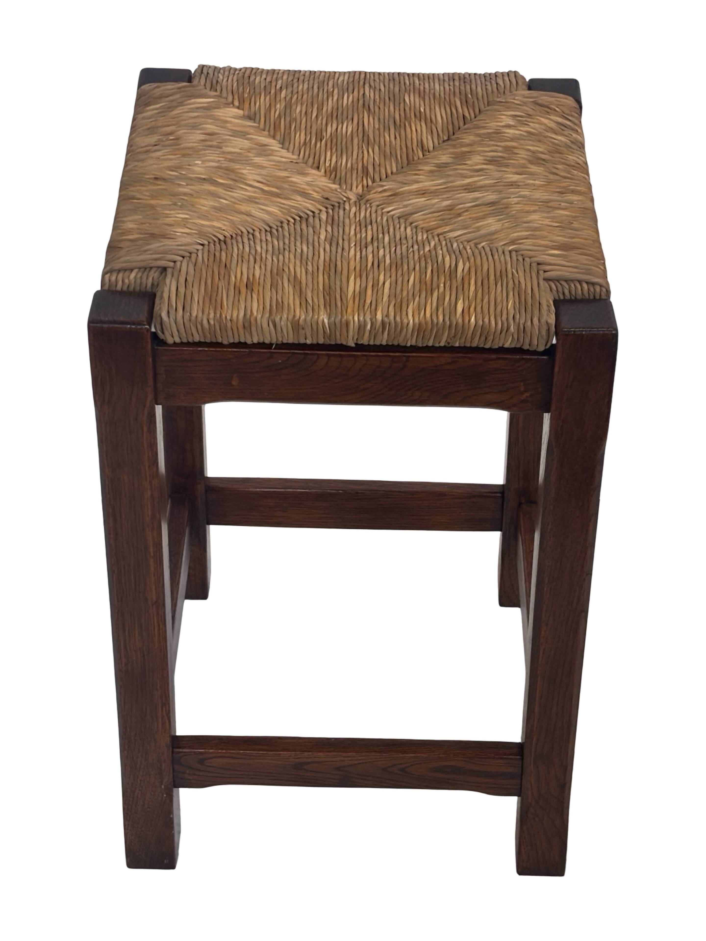 Vintage rattan stool with oak, 60s wabi sabi design, minimalist