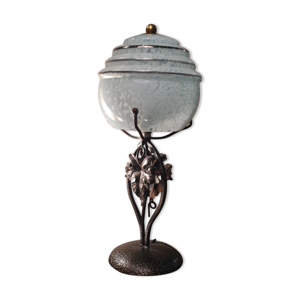 Lampe fer forgé boule bleu en opaline clichy moucheté de blanc 35x14 — Beyit