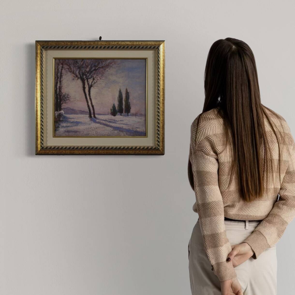 Peinture de paysage enneigé italien signée et datée de 1932.
