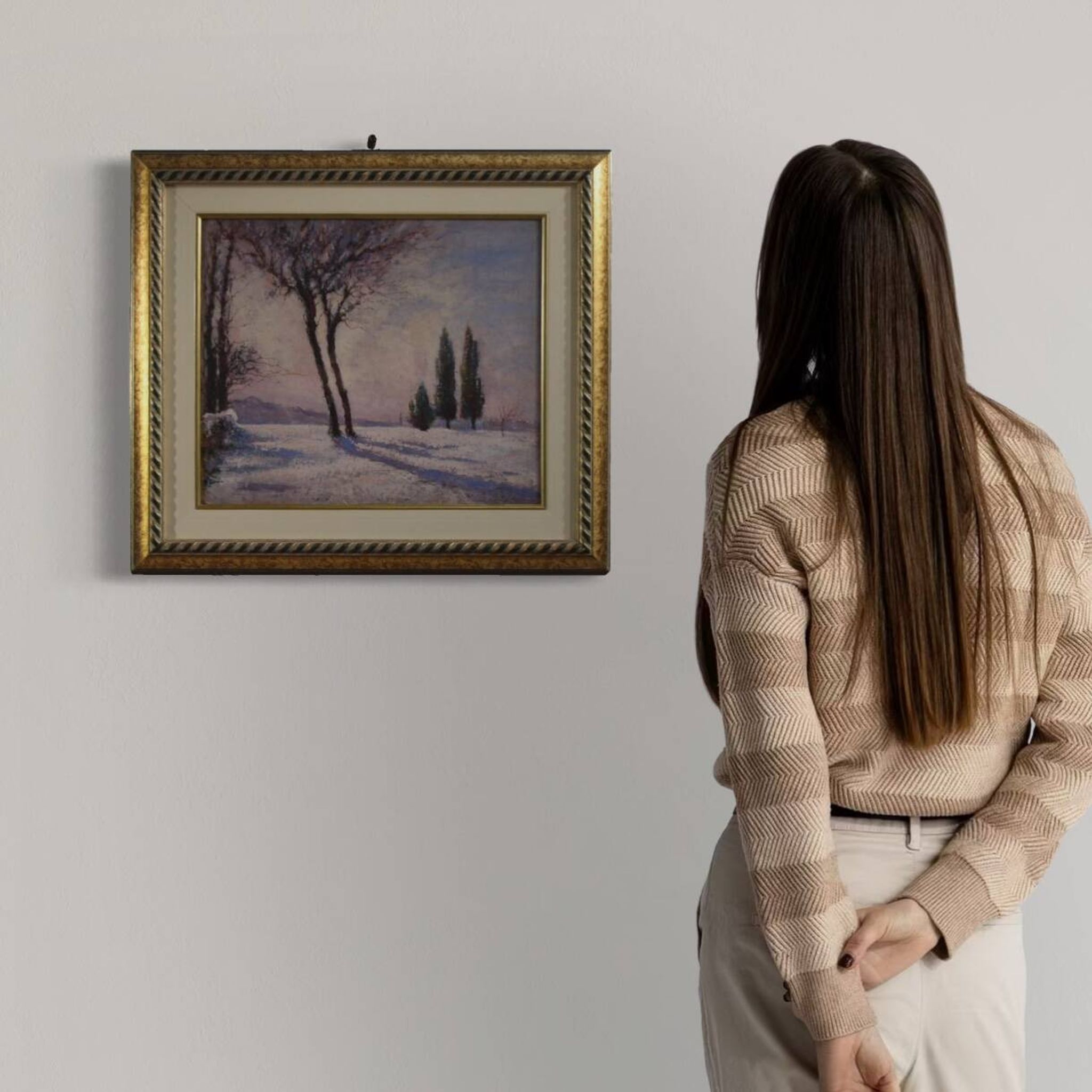 Peinture de paysage enneigé italien signée et datée de 1932.