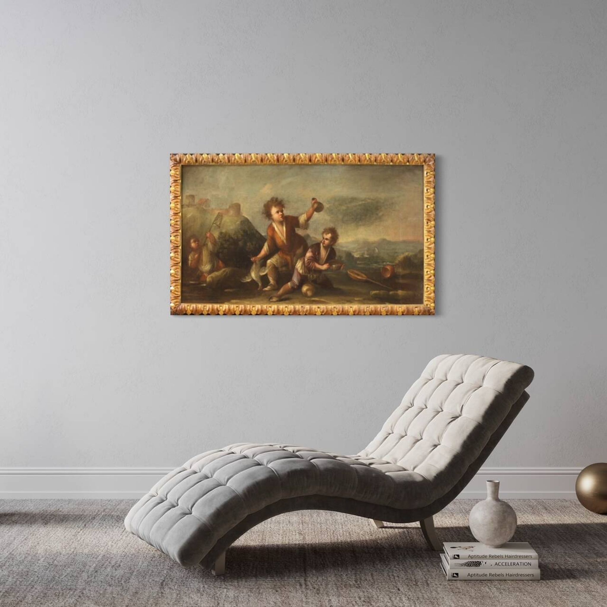 Painting oil on canvas landscape with children from the 18th century