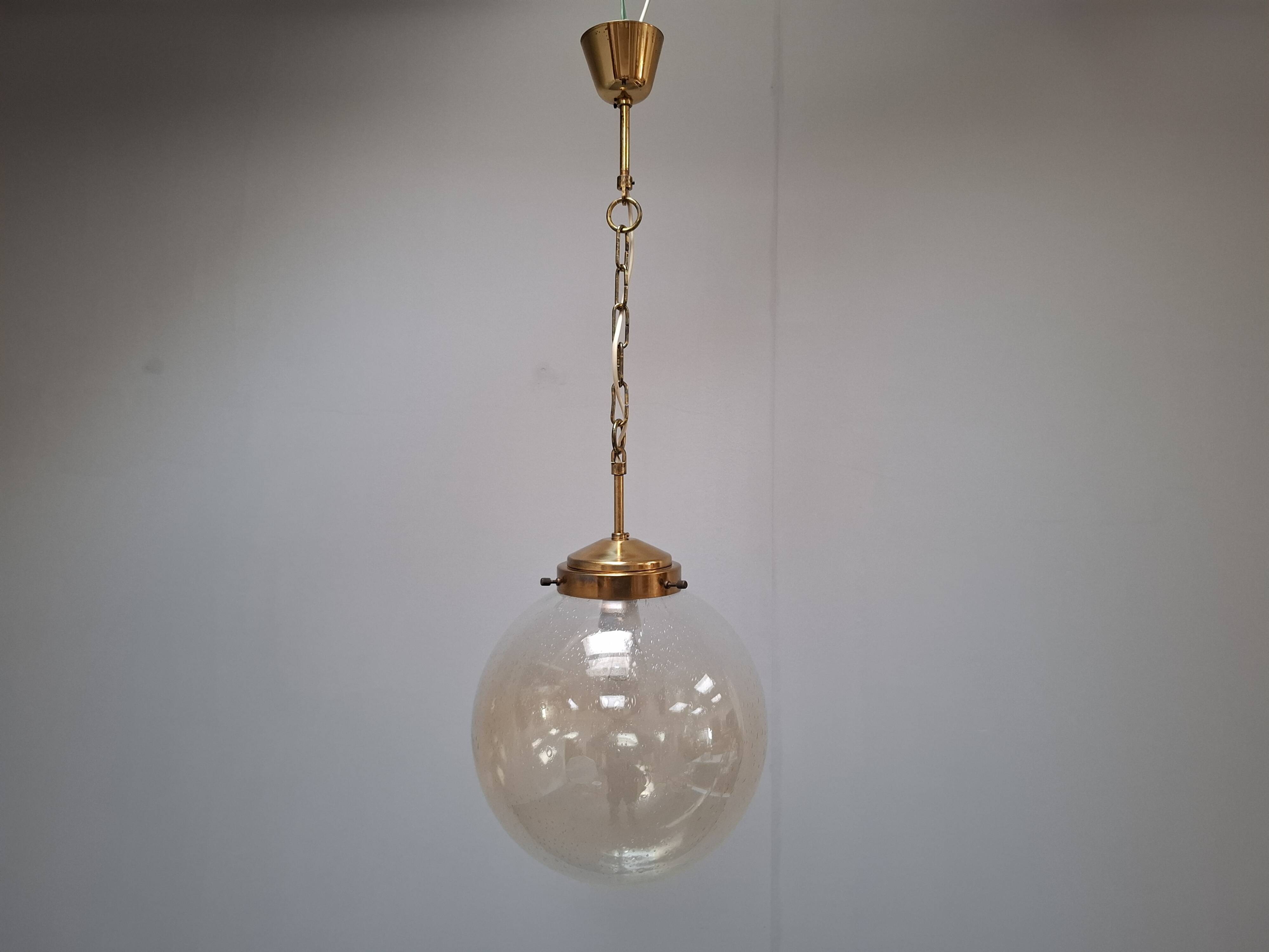 Midcentury Brass and Smoked Bubble Glass Pendant by Kamenický Šenov, 1960s