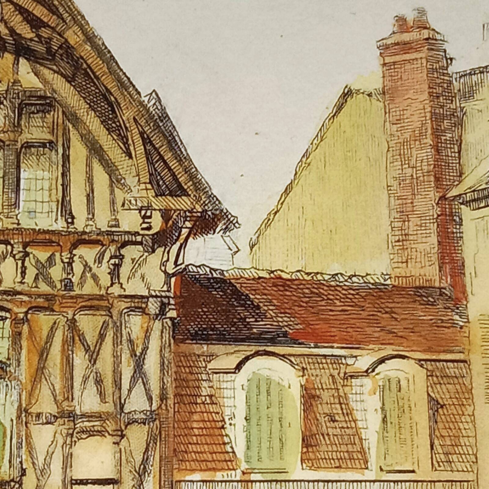 Joigny Old House Porte Saint Jean Colored etching signed Léopold Robin