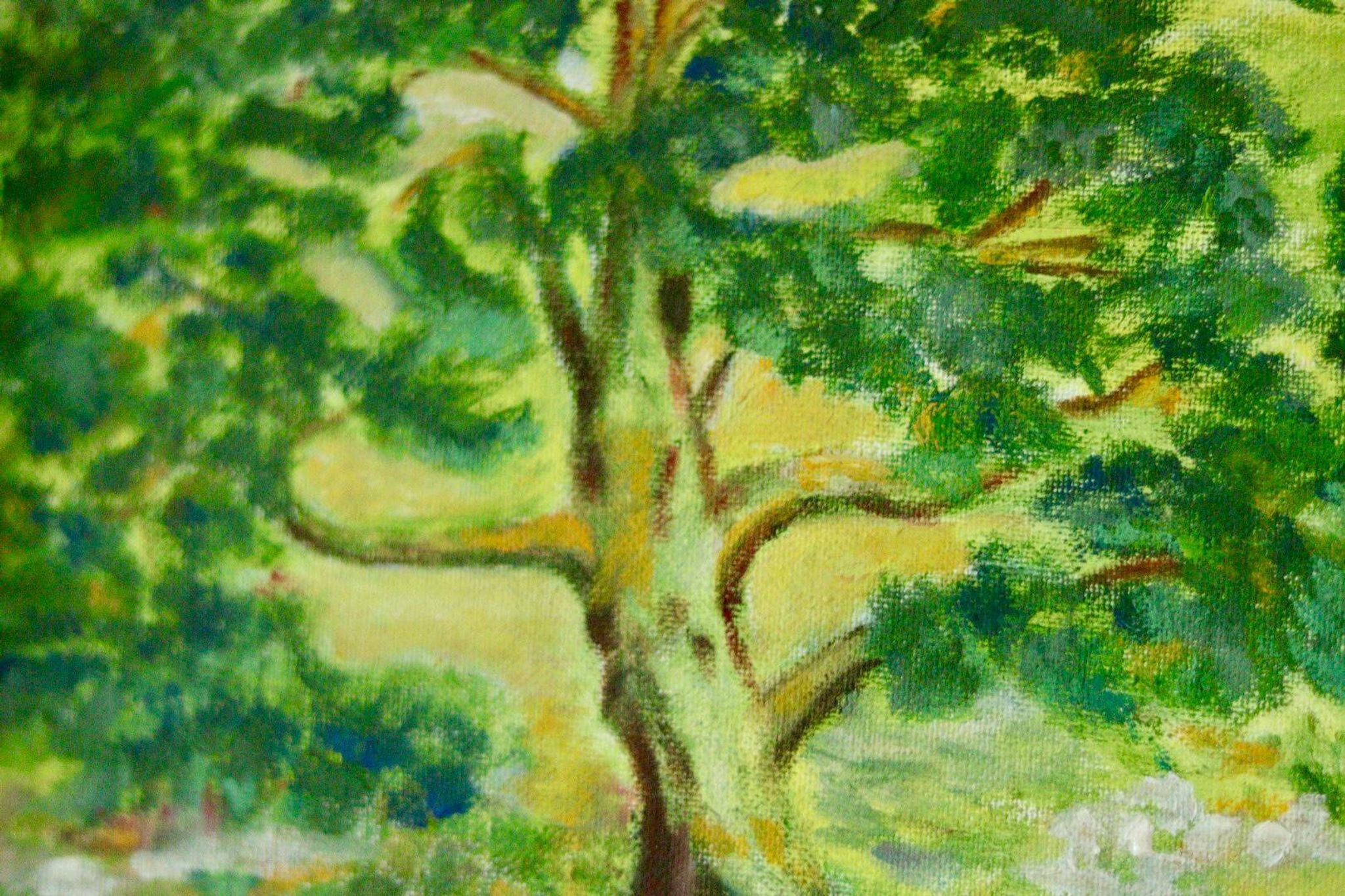Huile sur panneau vintage originale – « Arbre sur paysage » Jan