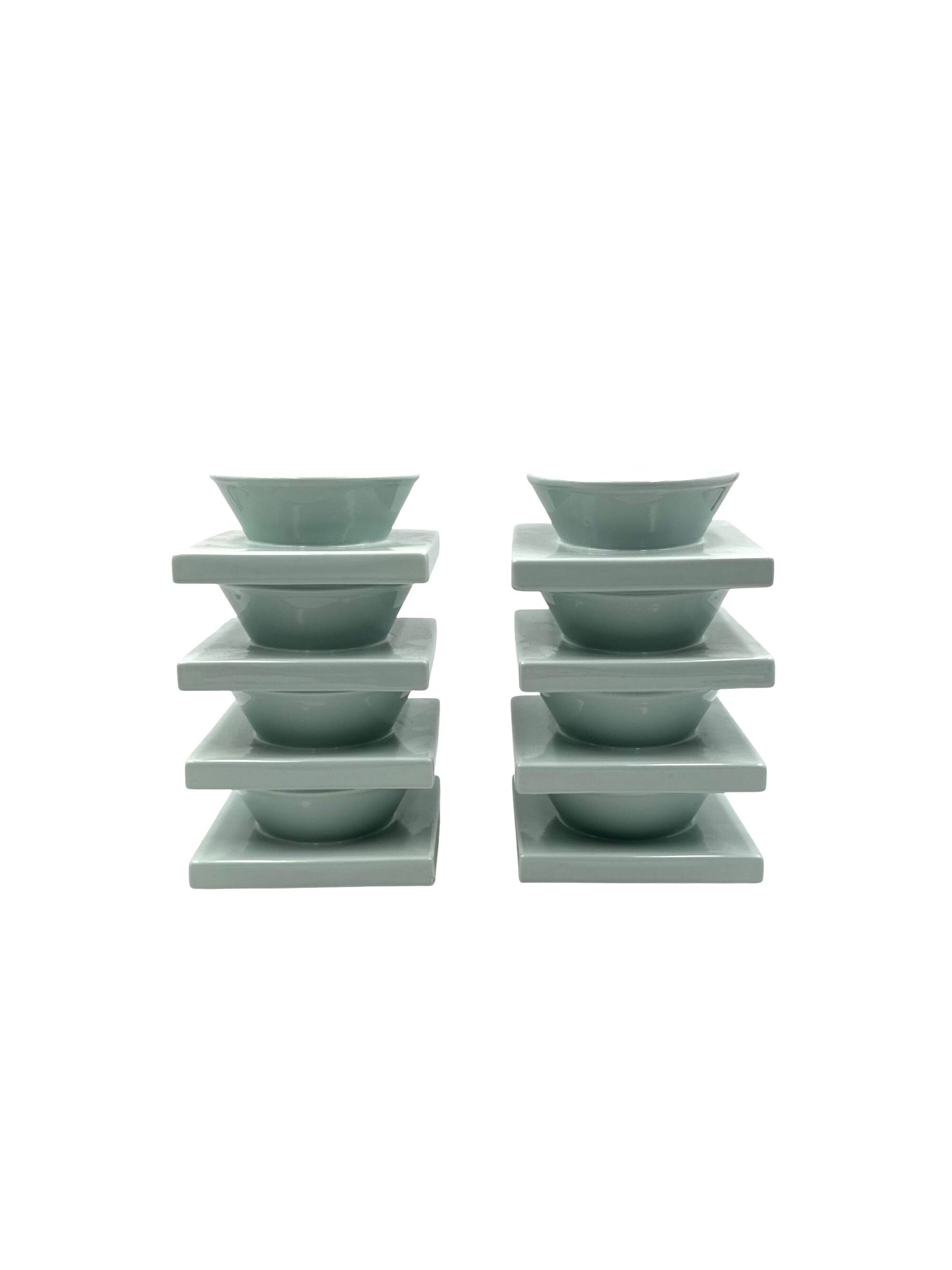 Set of 9 ceramic light blue ceramic bowls, I + I Italy, 1970s