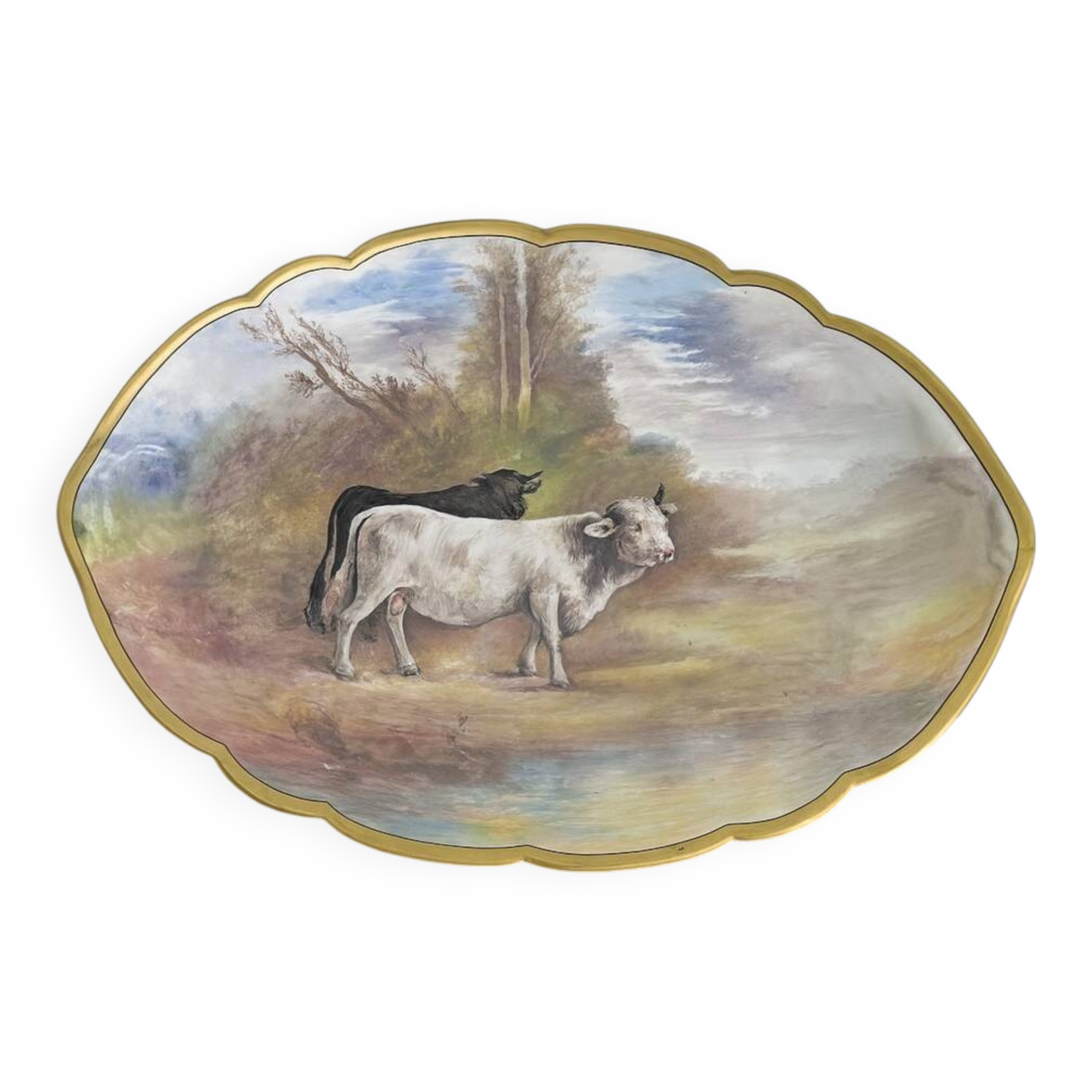 Large decorative plate made of hand-painted porcelain – Countryside scene with cattle