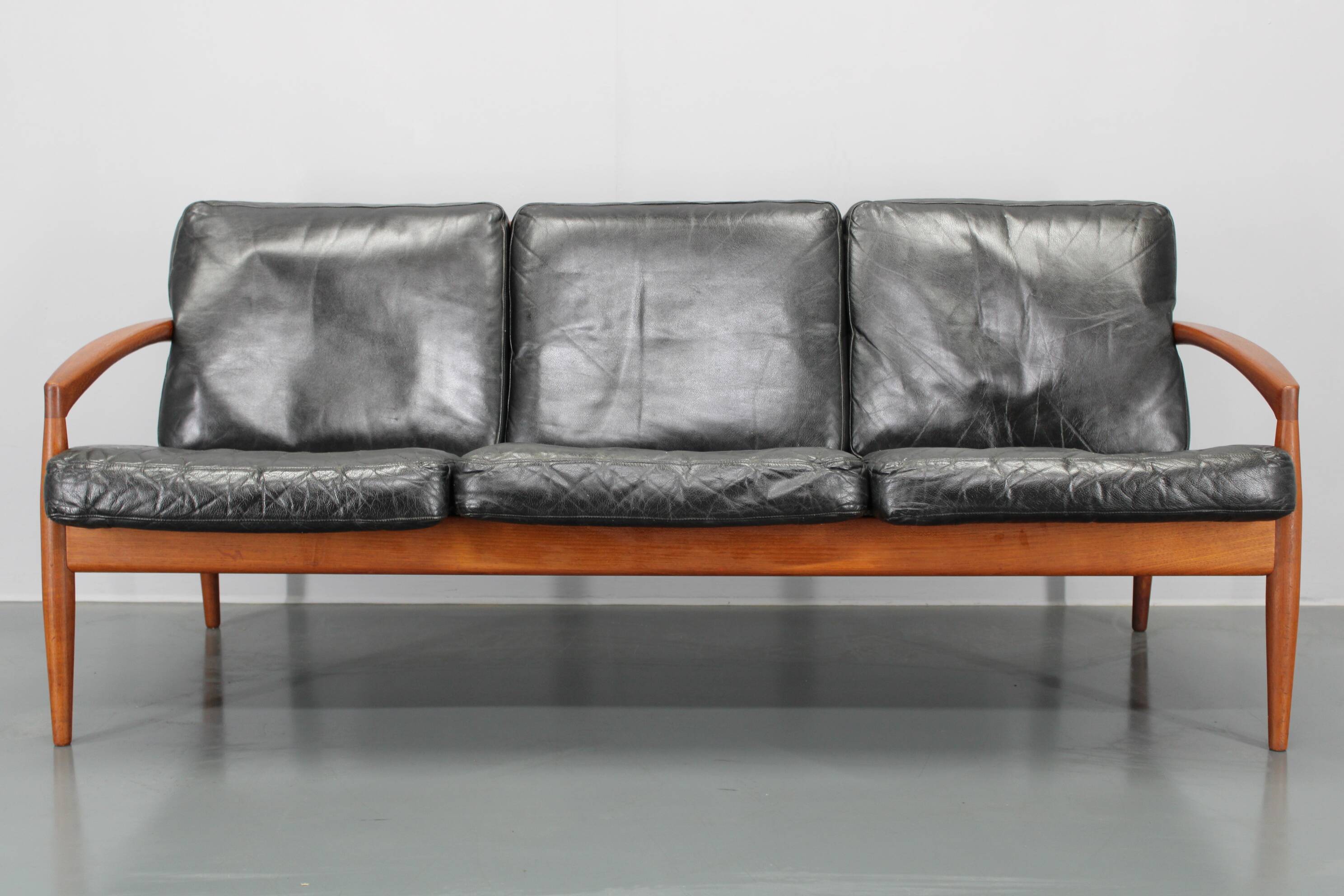 1960s Kai Kristiansen Paper Knife 3-Seater Teak Sofa in Leather , Denmark