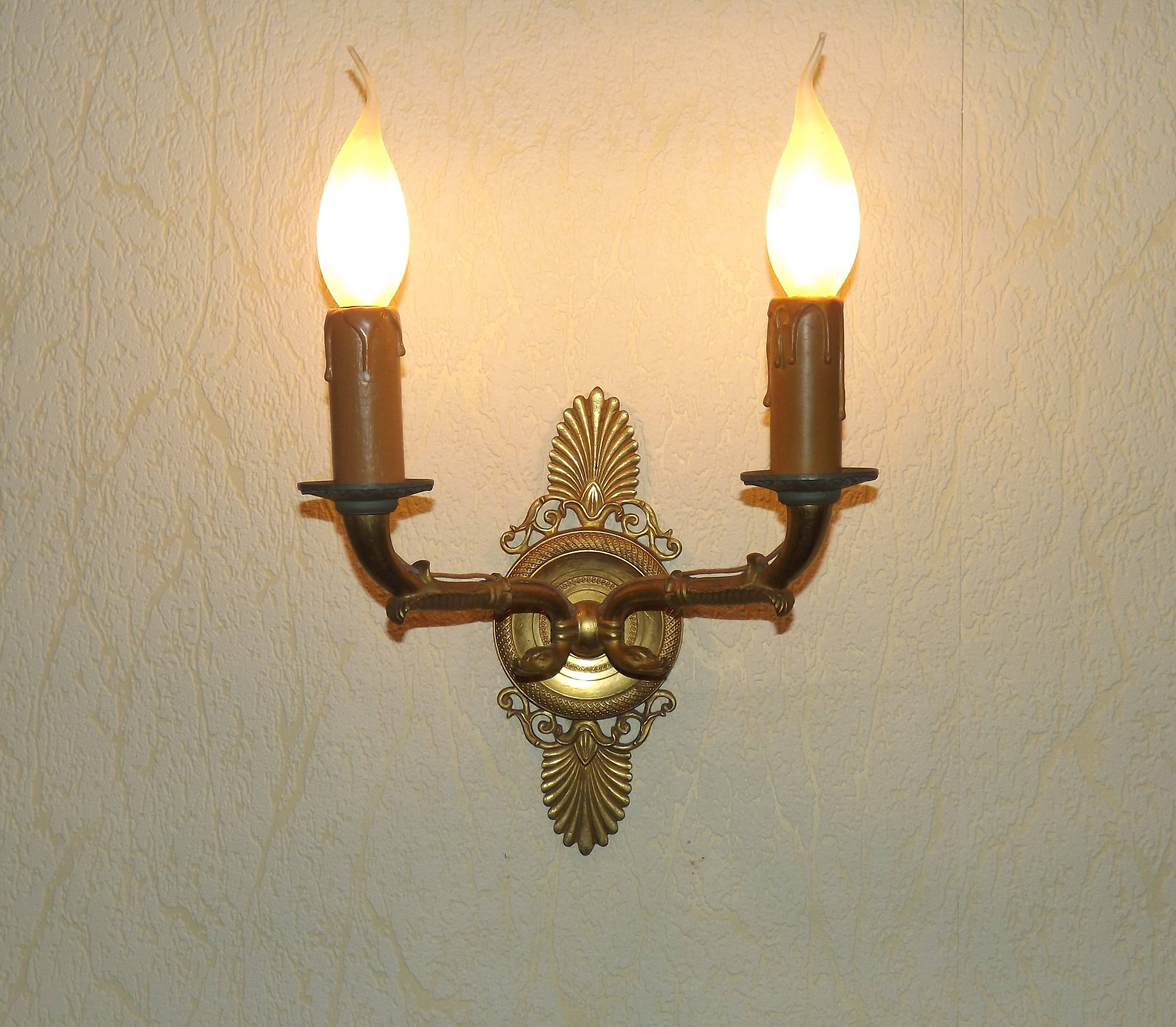 French Antique Bronze Empire Double Wall Sconce with Fan & Swan Detail 5239