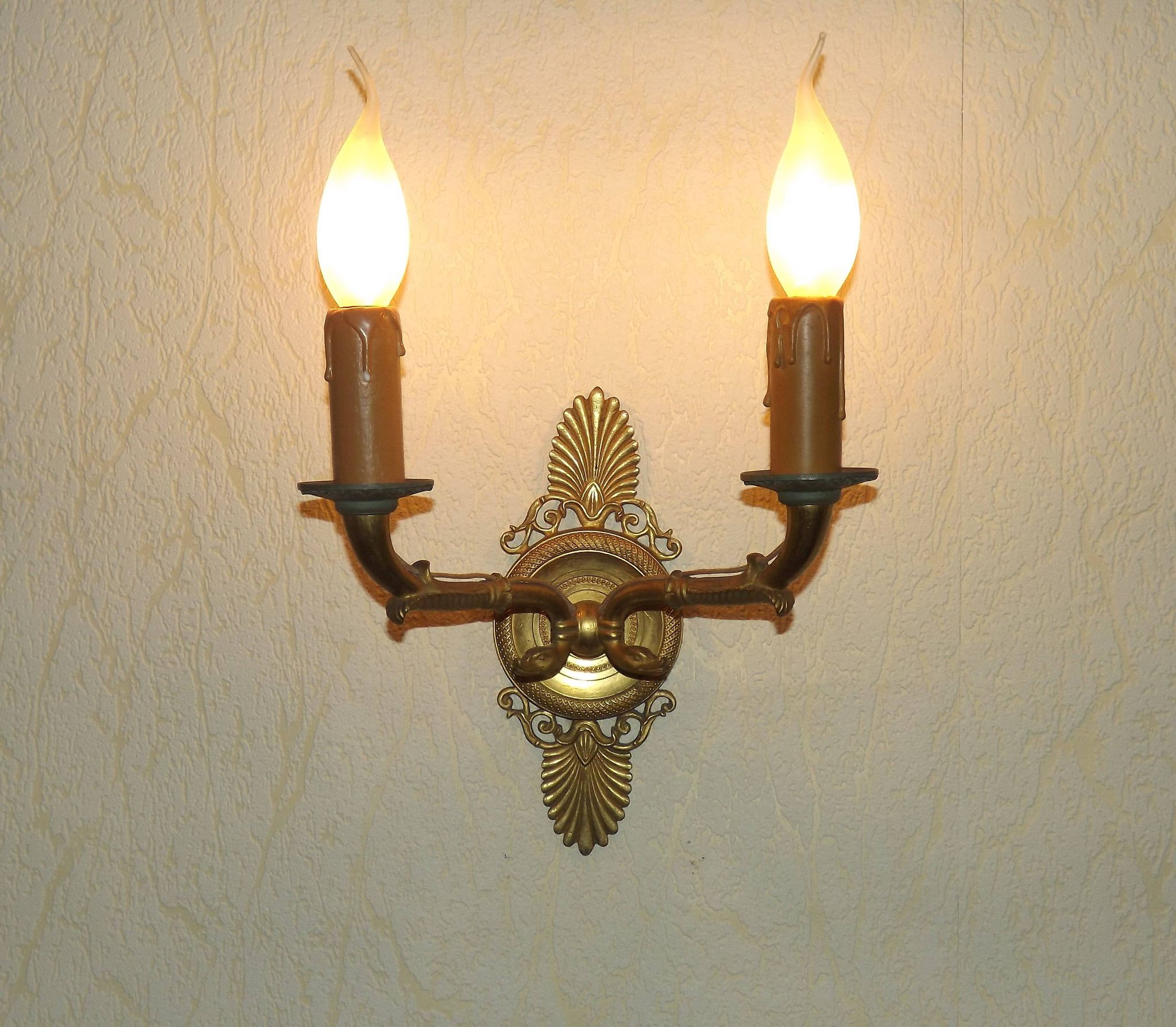 French Antique Bronze Empire Double Wall Sconce with Fan & Swan Detail 5239