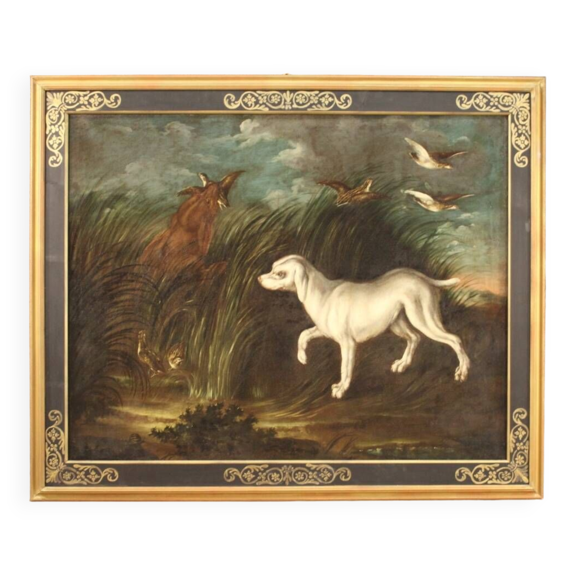 Peinture ancienne du XVIIIe siècle, paysage avec chien