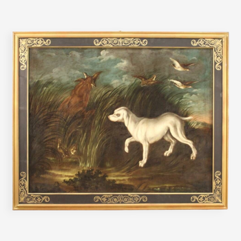 Tableau ancien du 18ème siècle, paysage avec chien
