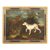 Tableau ancien du 18ème siècle, paysage avec chien