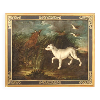 Tableau ancien du 18ème siècle, paysage avec chien