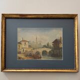 Watercolor on paper boat anchored near a bridge 19th century gilded frame