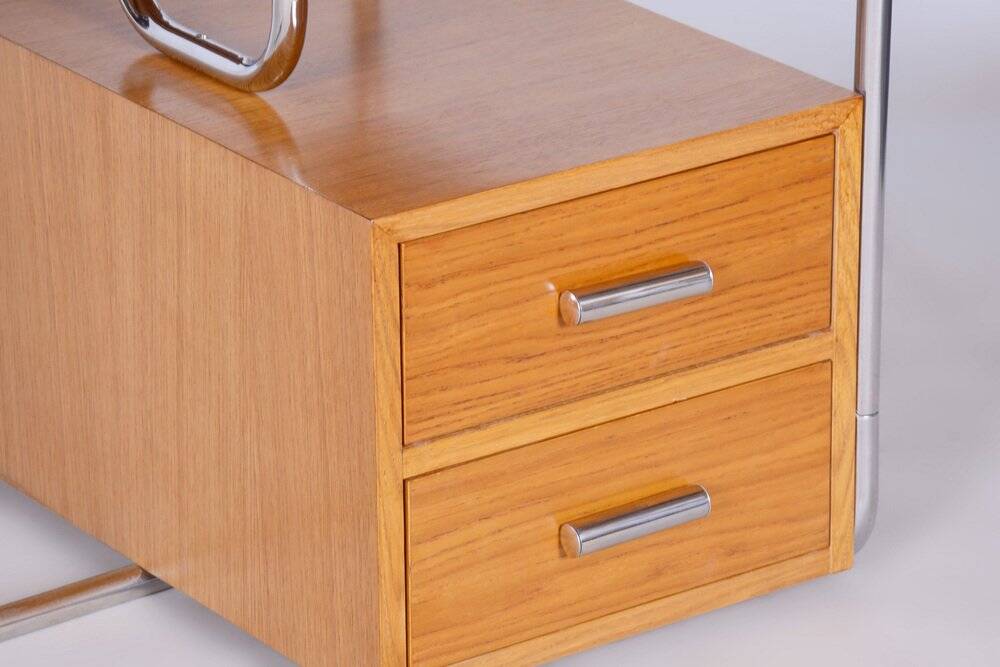 Bauhaus Writing Desk in Oak, Chrome-Plated Steel, Germany, 1930s