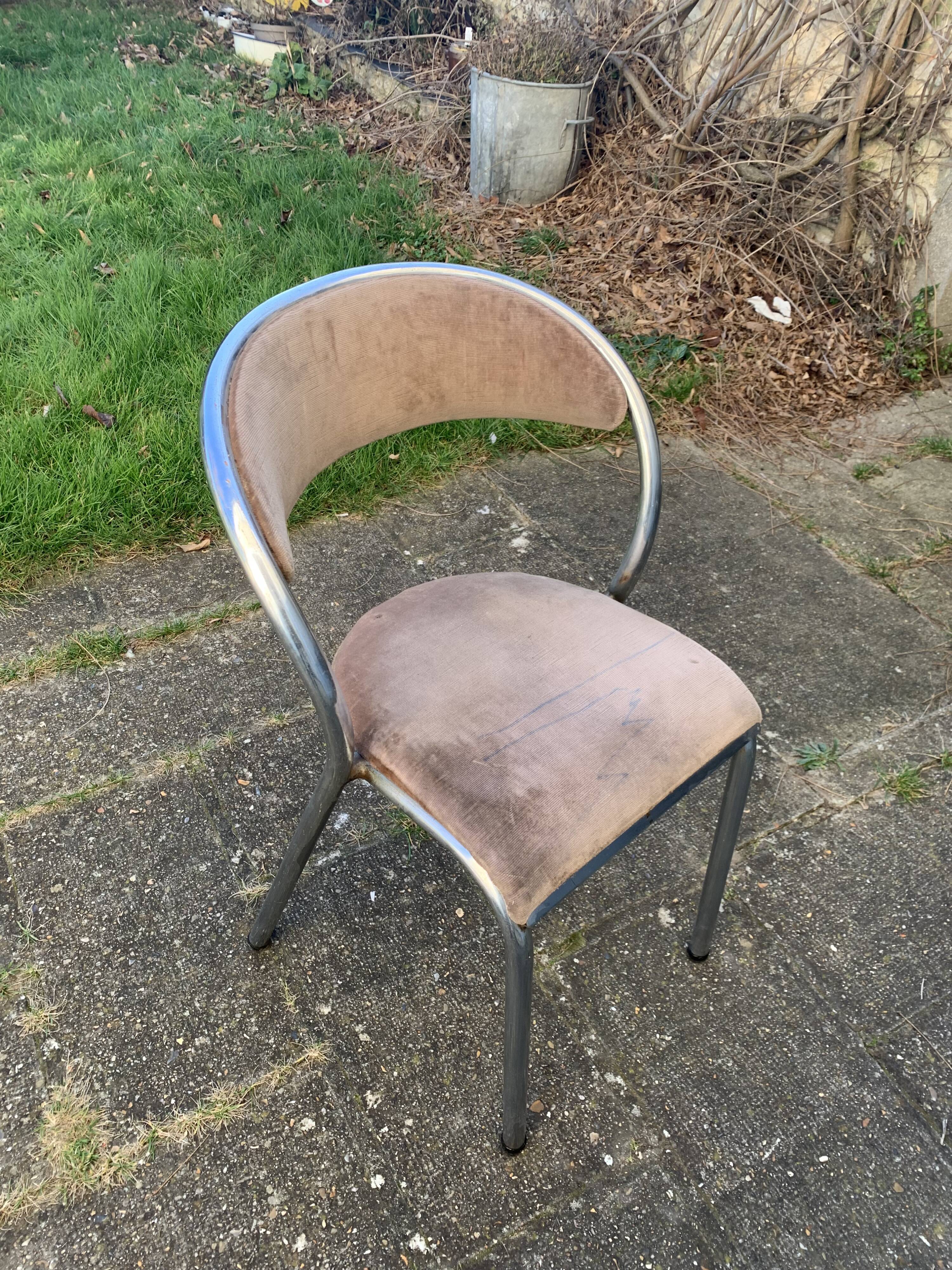 Chair in beige velvet and chrome, curved shape, vintage 1950